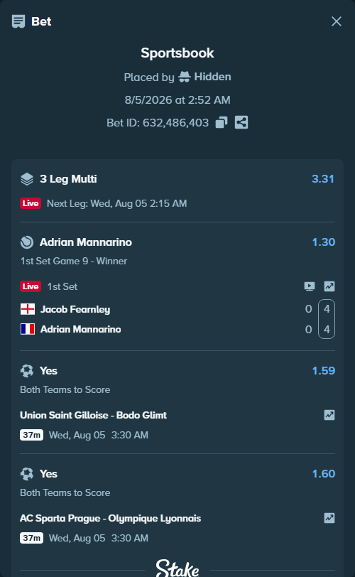 Bet slip: Union Saint Gilloise - Bodo Glimt, $11,291.91 stake at 1.59 odds, placed by Hidden