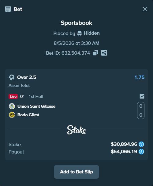 Bet slip: Union Saint Gilloise - Bodo Glimt, $30,894.96 stake at 1.75 odds, placed by Hidden