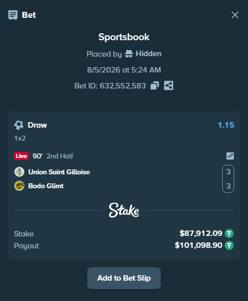 Bet slip: Union Saint Gilloise - Bodo Glimt, $88,000.00 stake at 1.15 odds, placed by Hidden