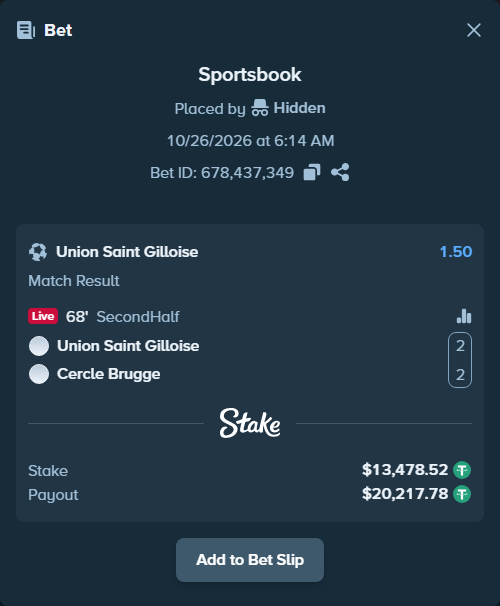 Bet slip: Union Saint Gilloise - Cercle Brugge, $13,492.00 stake at 1.50 odds, placed by ArdianHertica