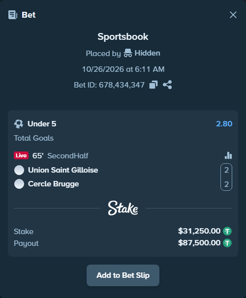 Bet slip: Union Saint Gilloise - Cercle Brugge, $31,281.25 stake at 2.80 odds, placed by BetlikeaKing