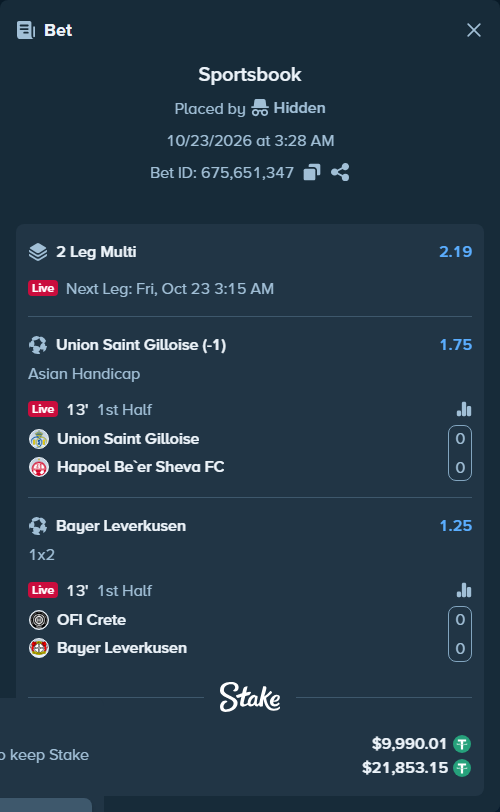 Bet slip: Union Saint Gilloise - Hapoel Be'er Sheva FC, $10,000.00 stake at 1.75 odds, placed by Agus1033