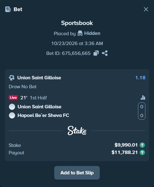 Bet slip: Union Saint Gilloise - Hapoel Be'er Sheva FC, $10,000.00 stake at 1.18 odds, placed by Haikefei