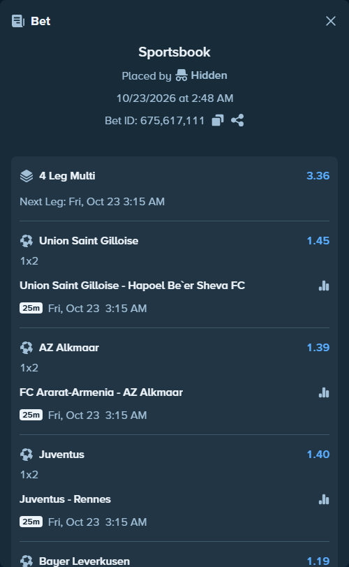 Bet slip: Union Saint Gilloise - Hapoel Be'er Sheva FC, $10,400.52 stake at 1.45 odds, placed by Hidden