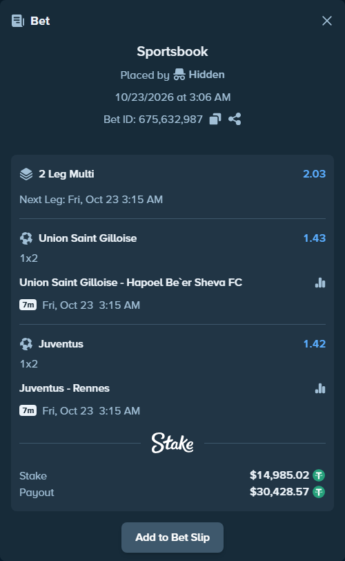 Bet slip: Union Saint Gilloise - Hapoel Be'er Sheva FC, $15,000.00 stake at 1.43 odds, placed by Agus1033