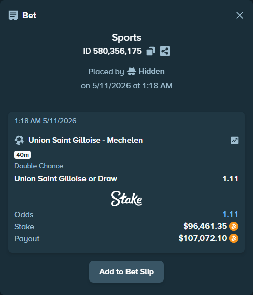 Bet slip: Union Saint Gilloise - Mechelen, $76,436.04 stake at 1.11 odds, placed by Hidden