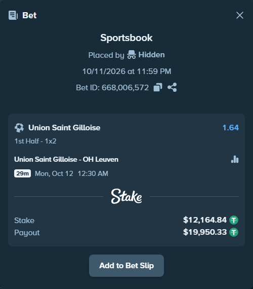 Bet slip: Union Saint Gilloise - OH Leuven, $12,177.00 stake at 1.64 odds, placed by Hidden