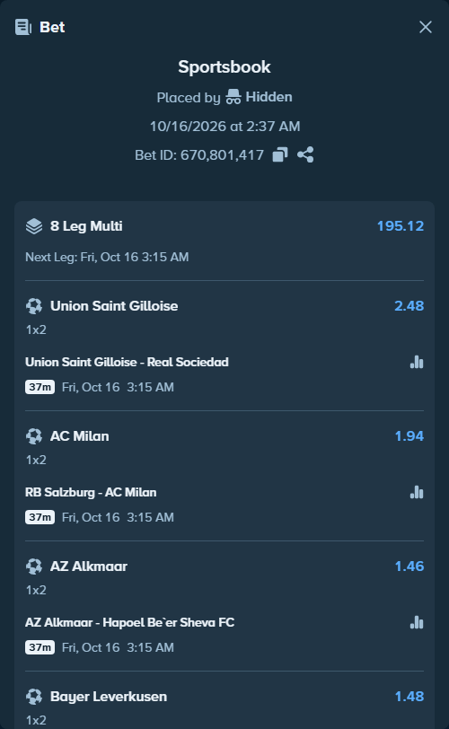Bet slip: Union Saint Gilloise - Real Sociedad San Sebastian, $20,000.00 stake at 2.48 odds, placed by Hidden