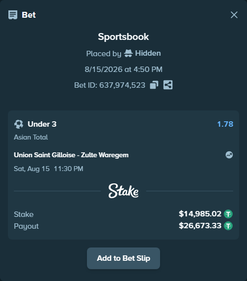 Bet slip: Union Saint Gilloise - Zulte Waregem, $15,000.00 stake at 1.78 odds, placed by Hidden