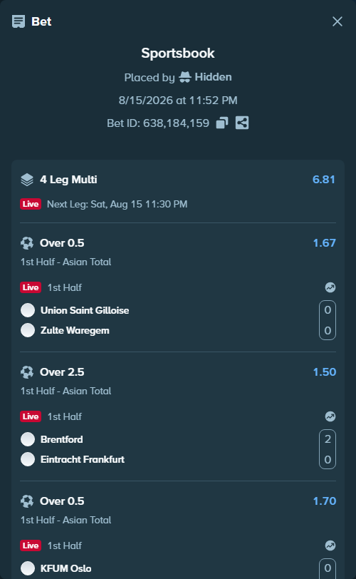 Bet slip: Union Saint Gilloise - Zulte Waregem, $20,563.54 stake at 1.67 odds, placed by Hidden