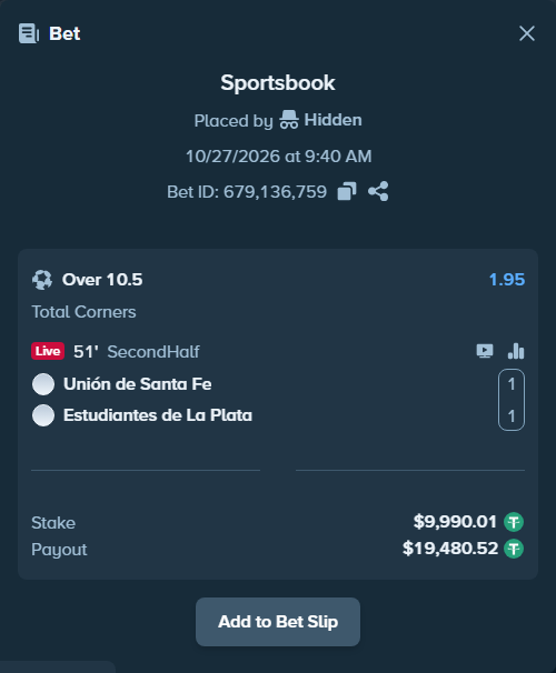 Bet slip: Union Santa Fe - Estudiantes La Plata, $10,000.00 stake at 1.95 odds, placed by Agus1033