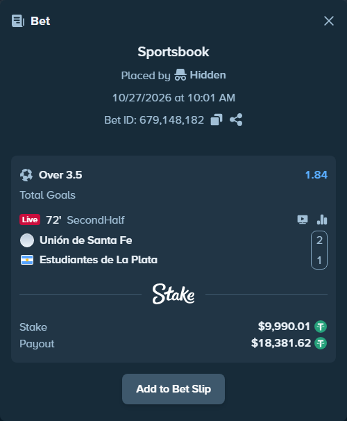 Bet slip: Union Santa Fe - Estudiantes La Plata, $10,000.00 stake at 1.84 odds, placed by Agus1033