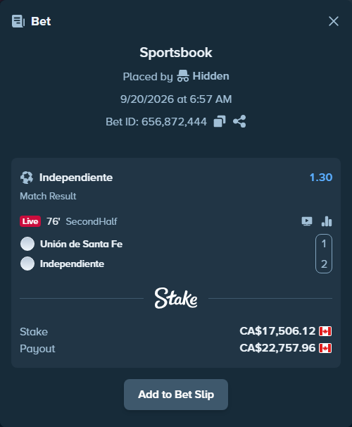 Bet slip: Union Santa Fe - Independiente, $12,954.53 stake at 1.30 odds, placed by Hidden