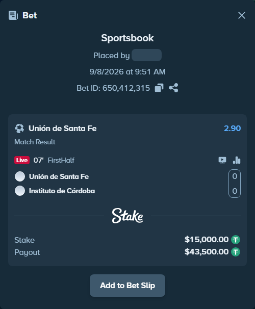 Bet slip: Union Santa Fe - Instituto Cordoba, $15,000.00 stake at 2.90 odds, placed by KOHINUR7474