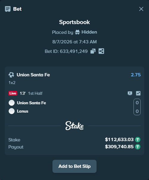 Bet slip: Union Santa Fe - Lanus, $112,745.67 stake at 2.75 odds, placed by Hidden