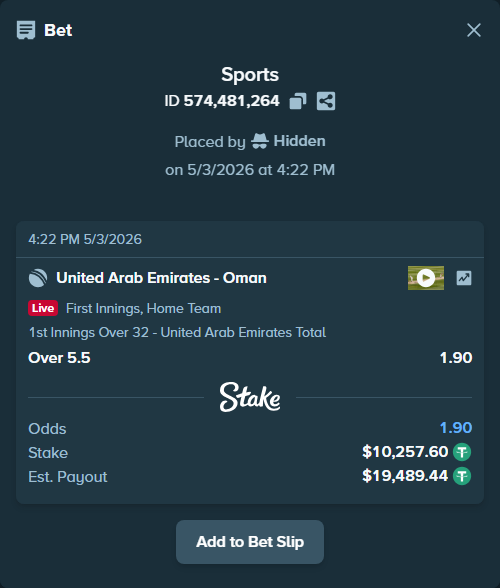 Bet slip: United Arab Emirates - Oman, $10,257.60 stake at 1.90 odds, placed by Hidden
