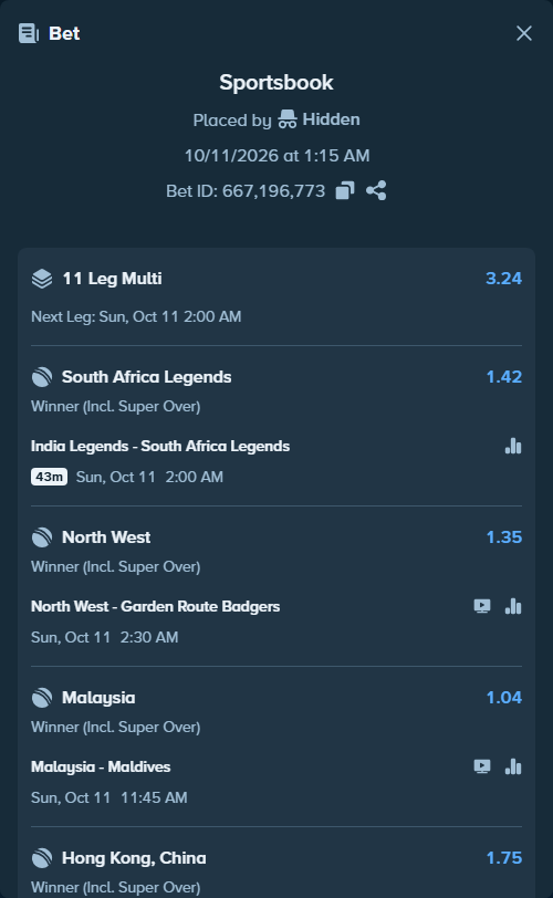 Bet slip: United Arab Emirates - USA, $9,322.26 stake at 1.37 odds, placed by Brahma946