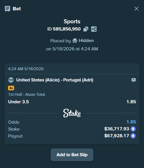 Bet slip: United States (Alicia) - Portugal (Adri), $29,156.32 stake at 1.85 odds, placed by Hidden