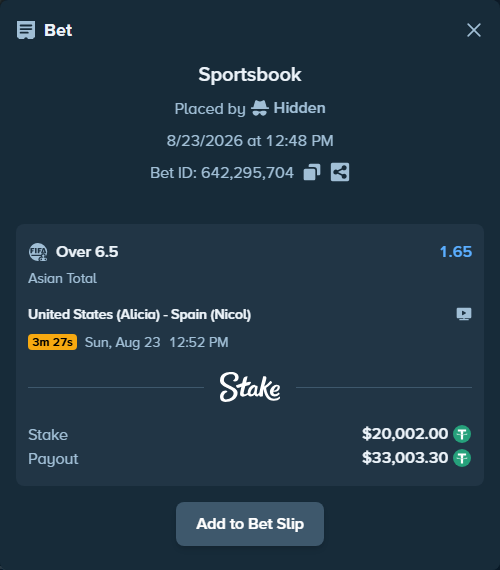 Bet slip: United States (Alicia) - Spain (Nicol), $20,000.00 stake at 1.65 odds, placed by Hidden
