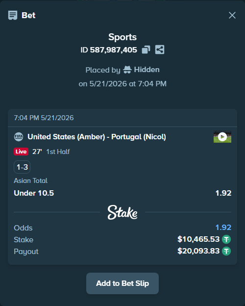 Bet slip: United States (Amber) - Portugal (Nicol), $10,476.00 stake at 1.92 odds, placed by Hidden