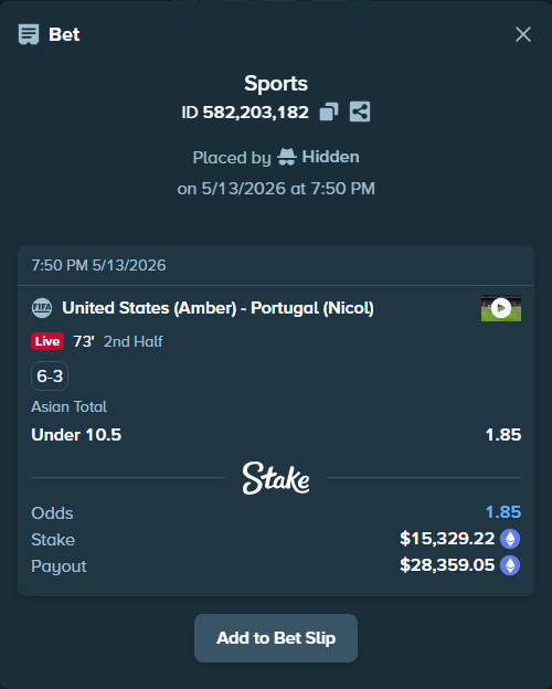Bet slip: United States (Amber) - Portugal (Nicol), $11,452.11 stake at 1.85 odds, placed by Hidden