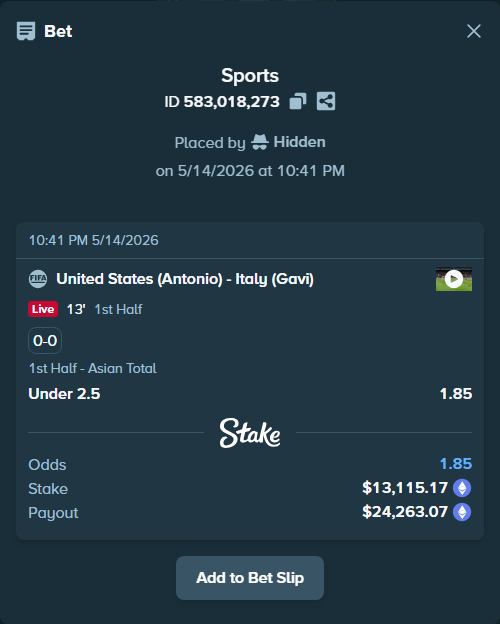 Bet slip: United States (Antonio) - Italy (Gavi), $10,066.36 stake at 1.85 odds, placed by Hidden