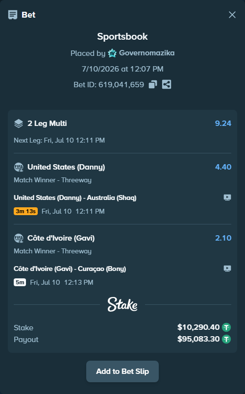 Bet slip: United States (Danny) - Australia (Shaq), $10,300.69 stake at 4.40 odds, placed by Governomazika