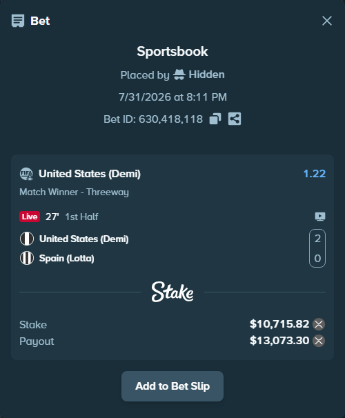Bet slip: United States (Demi) - Spain (Lotta), $10,360.00 stake at 1.22 odds, placed by Hidden