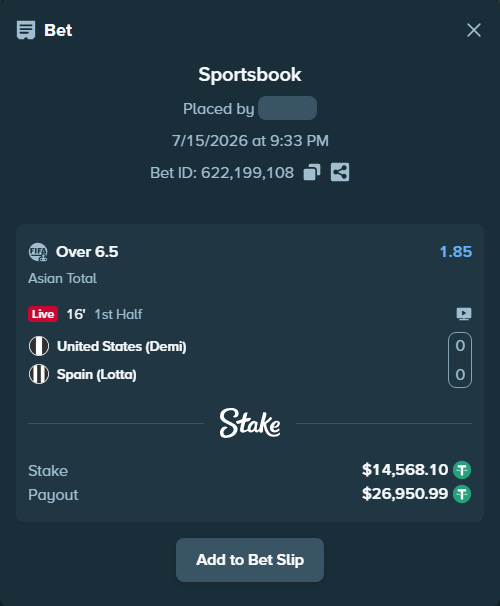 Bet slip: United States (Demi) - Spain (Lotta), $14,582.67 stake at 1.85 odds, placed by wswrj2008