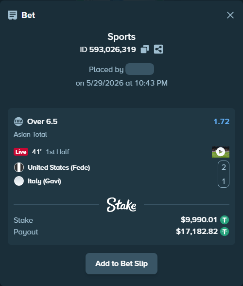 Bet slip: United States (Fede) - Italy (Gavi), $10,000.00 stake at 1.72 odds, placed by wswrj2008