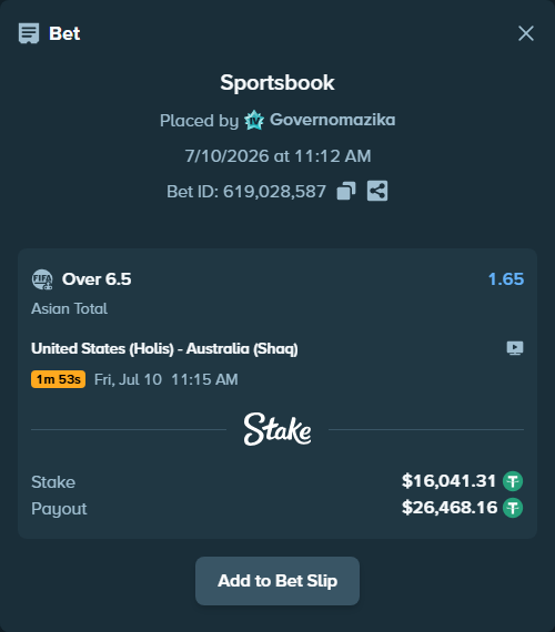 Bet slip: United States (Holis) - Australia (Shaq), $16,057.35 stake at 1.65 odds, placed by Governomazika