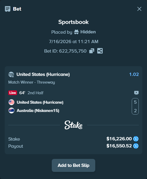 Bet slip: United States (Hurricane) - Australia (Niskanen15), $16,226.00 stake at 1.02 odds, placed by CENKCI