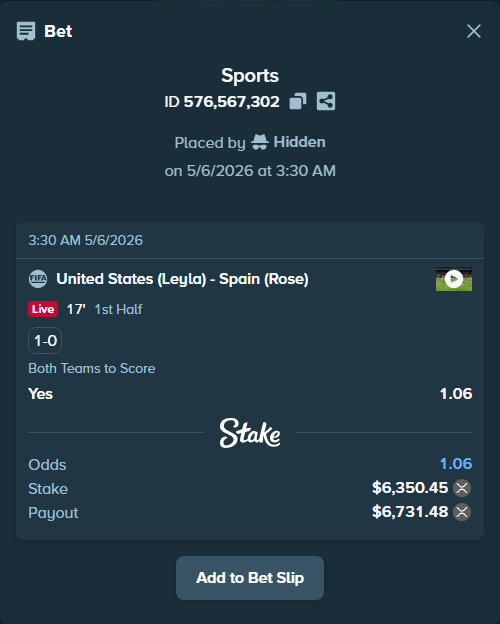 Bet slip: United States (Leyla) - Spain (Rose), $5,185.14 stake at 1.06 odds, placed by Hidden