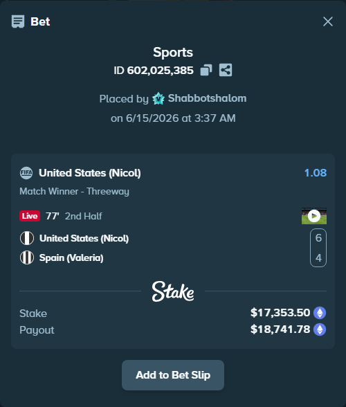 Bet slip: United States (Nicol) - Spain (Valeria), $18,118.11 stake at 1.08 odds, placed by Shabbotshalom