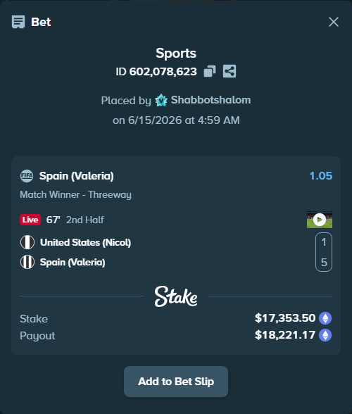 Bet slip: United States (Nicol) - Spain (Valeria), $18,085.00 stake at 1.05 odds, placed by Shabbotshalom