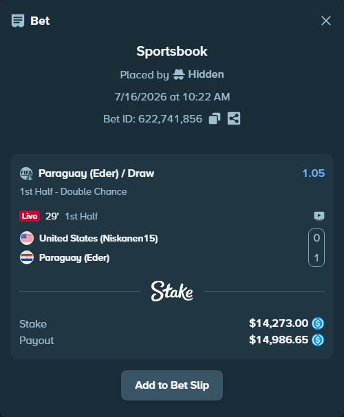 Bet slip: United States (Niskanen15) - Paraguay (Eder), $14,273.00 stake at 1.05 odds, placed by CENKCI