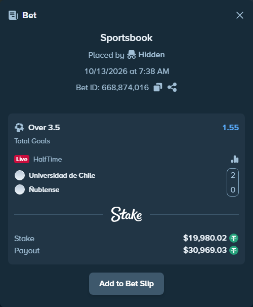 Bet slip: Universidad de Chile - Nublense, $20,000.00 stake at 1.55 odds, placed by tlwns4736