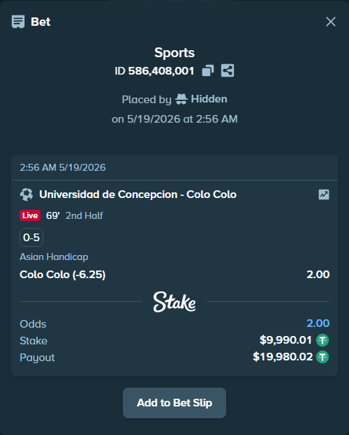 Bet slip: Universidad de Concepcion - Colo Colo, $10,000.00 stake at 2.00 odds, placed by Hidden