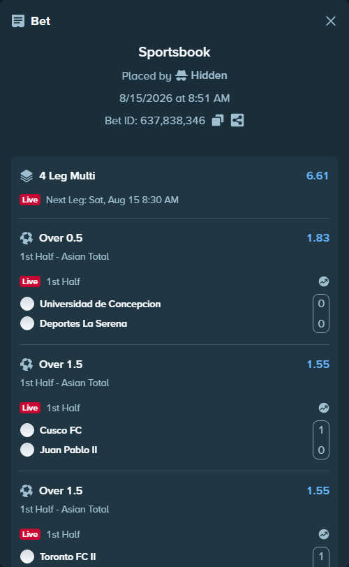 Bet slip: Universidad de Concepcion - Deportes La Serena, $12,077.06 stake at 1.83 odds, placed by Hidden