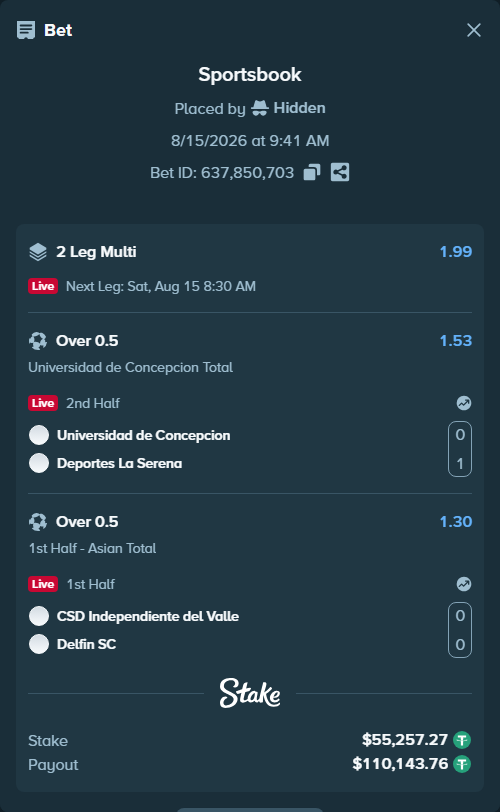 Bet slip: Universidad de Concepcion - Deportes La Serena, $55,312.53 stake at 1.53 odds, placed by Hidden