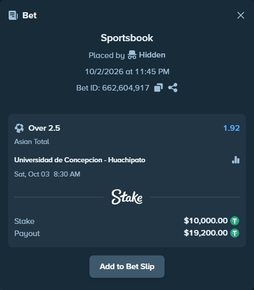 Bet slip: Universidad de Concepcion - Huachipato, $10,000.00 stake at 1.92 odds, placed by Hidden