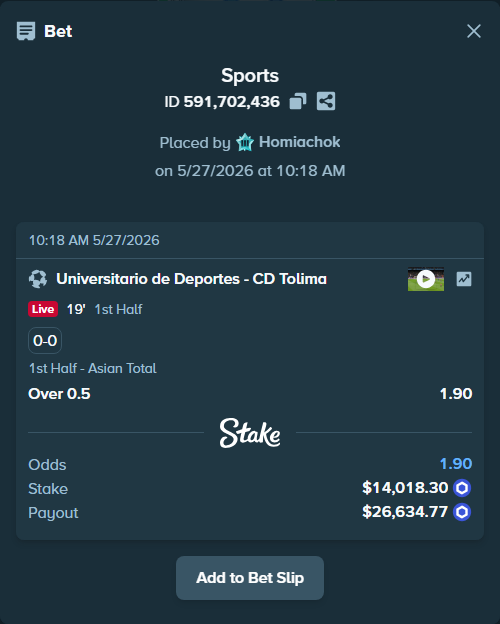 Bet slip: Universitario de Deportes - CD Tolima, $11,839.24 stake at 1.90 odds, placed by Homiachok