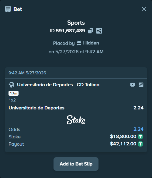 Bet slip: Universitario de Deportes - CD Tolima, $18,818.80 stake at 2.24 odds, placed by Hidden