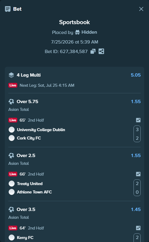 Bet slip: University College Dublin - Cork City FC, $130,000.00 stake at 1.55 odds, placed by Hidden