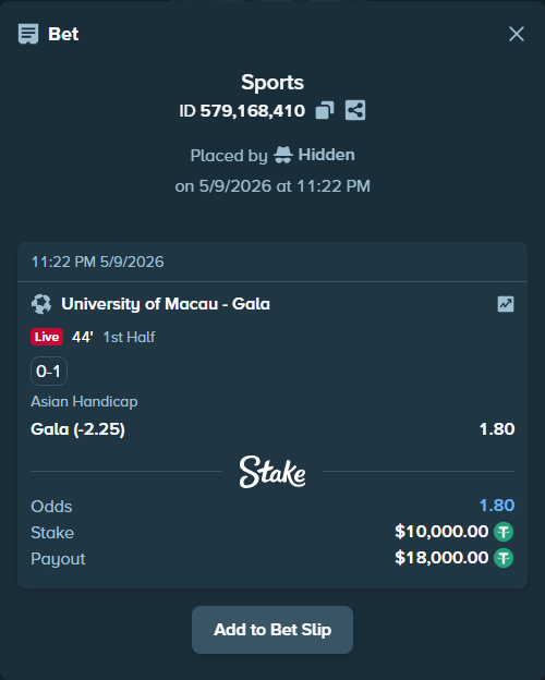 Bet slip: University of Macau - Gala, $10,000.00 stake at 1.80 odds, placed by Hidden