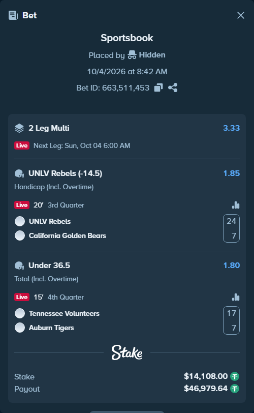 Bet slip: UNLV Rebels - California Golden Bears, $14,108.00 stake at 1.85 odds, placed by Hidden