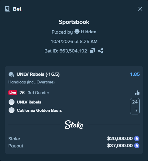 Bet slip: UNLV Rebels - California Golden Bears, $20,058.73 stake at 1.85 odds, placed by Jollysea