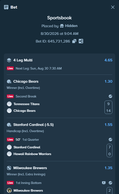 Bet slip: UNLV Rebels - Memphis Tigers, $15,008.00 stake at 1.71 odds, placed by Hidden