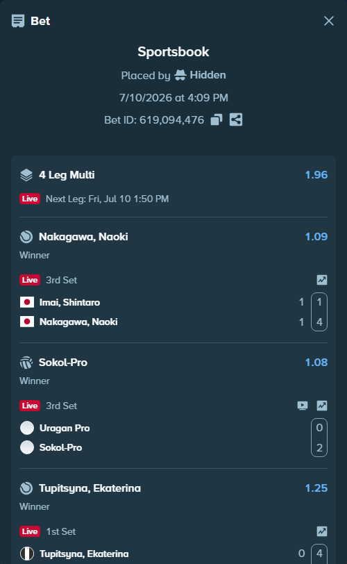 Bet slip: Uragan Pro - Sokol-Pro, $20,500.00 stake at 1.08 odds, placed by Hidden