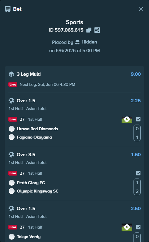Bet slip: Urawa Red Diamonds - Fagiano Okayama, $10,000.00 stake at 2.25 odds, placed by Hidden
